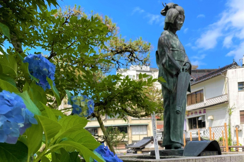 【兵庫県/湯村温泉】夢千代像とアジサイ